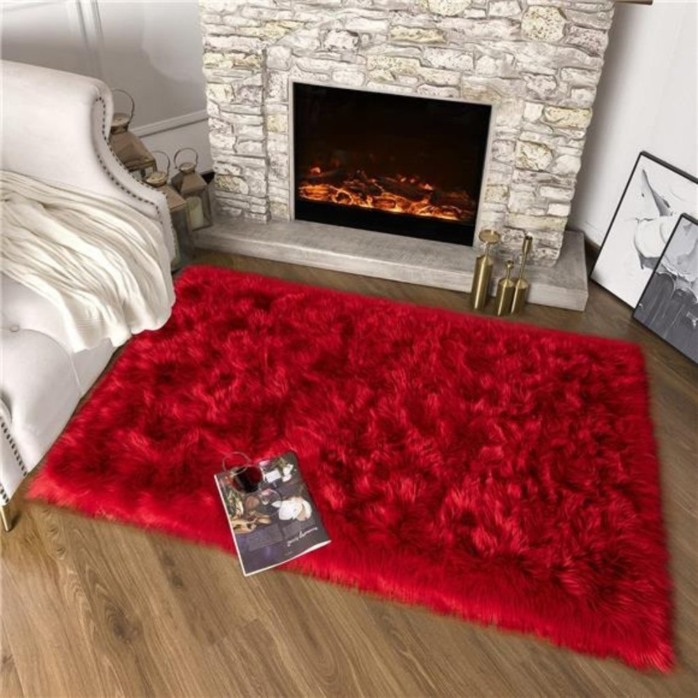 New Red Luxury Sheepskin Fluffy Fur Area Rug